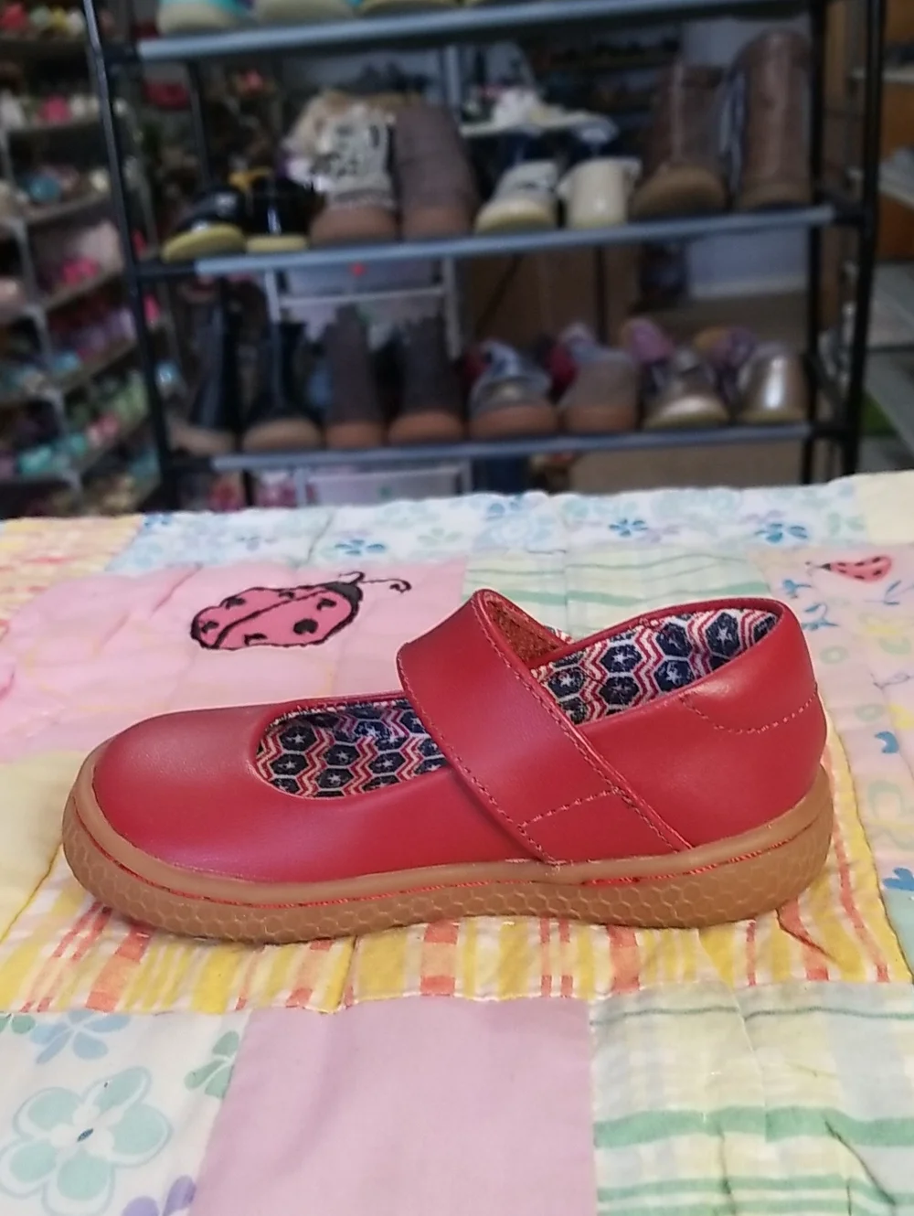 Livie & Luca Red Mary Jane Shoes with Patterned Lining & Buttons Size 5